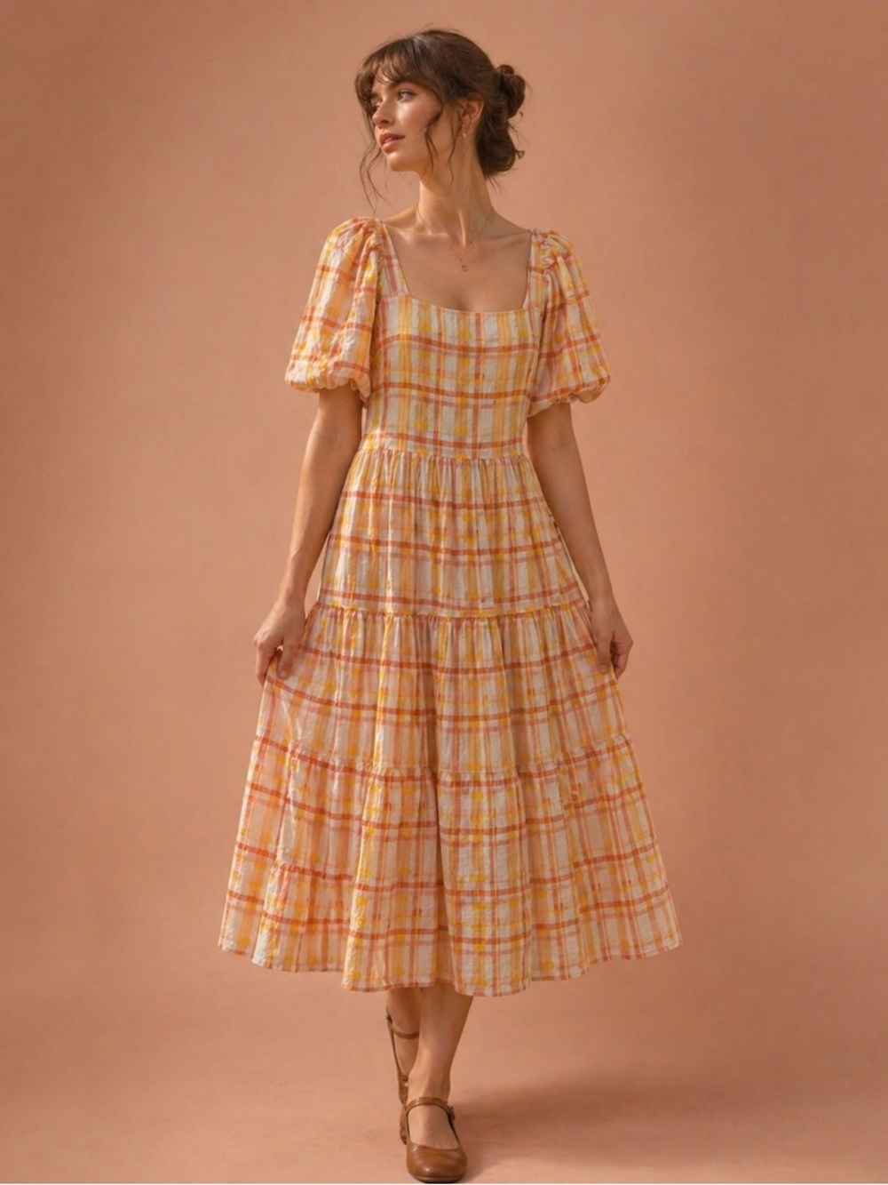 ASTR The Label Ilana Plaid Puff Sleeve Midi Dress - Picture 2 of 12